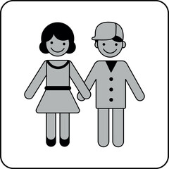 Minimalist pictogram of a smiling boy and girl holding hands – perfect for themes like childhood, friendship, family, and togetherness in a clean black-and-grey design.