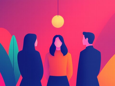 A vibrant, modern illustration showing three individuals in conversation under a glowing light, surrounded by abstract foliage.