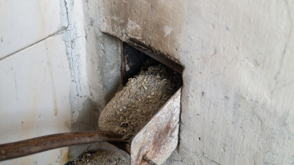 Cleaning the ash in the stove. Ash in a small scoop