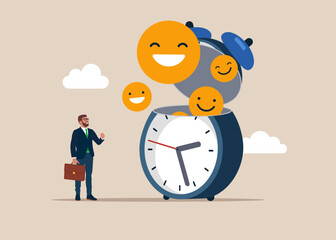Open alarm to see smiling face symbol. Employee happiness, job satisfaction, company benefit, positive attitude. Value increases over time. Flat vector illustration.