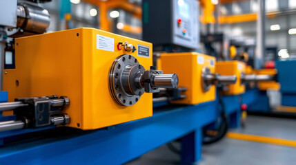 Modern machinery in production hall showcases advanced technology with vibrant yellow and blue components, emphasizing precision and efficiency in industrial setting