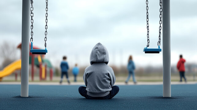 Lonely child sitting alone experiencing bullying in playground