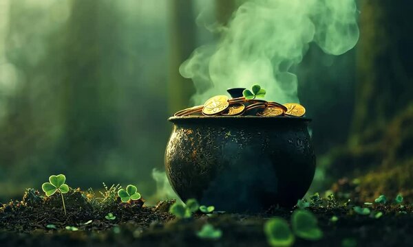 A black cauldron filled with golden coins emitting green steam, placed in a forest setting with soft light and magical atmosphere.
