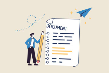 Write note or message on notebook paper, writing document, memo or lecture, record information, diary or article concept, business man holding pencil writing message on notebook paper.
