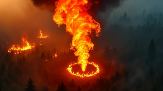 Fire tornado burning in forest. Wildfire disaster with firestorm. Inferno and smoke rising from trees. Fire tornado in woods visual effect video