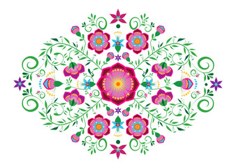 Mexican folk art style vector floral pattern, flowers border frame designs inspired by traditional embroidery from Mexico, illustration isolated on white background
