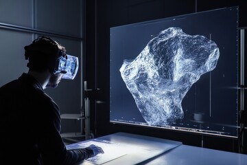 Person using virtual reality technology to explore a 3D model in a futuristic lab