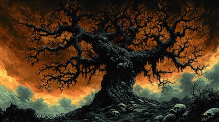 Fototapeta premium Haunting Tree of Skulls Under Fiery Sky in Spooky Landscape