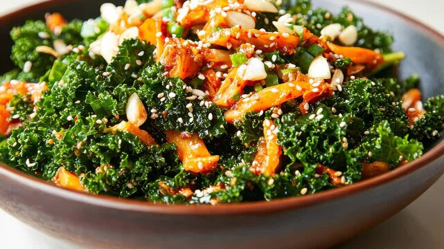 Fresh kale salad with carrots and nuts garnished with cheese in rotating view