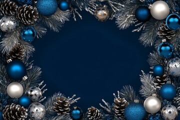 Christmas frame with blue and silver ornaments on dark background