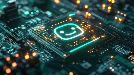 Obraz premium Smiling chat bot icon glowing on a circuit board, symbolizing artificial intelligence, technology, and digital communication on a futuristic background 