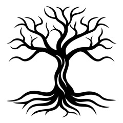 Obraz premium A tree with highly detailed twisted roots in line art on a solid white background.