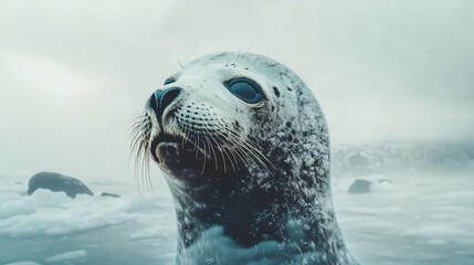 Fototapeta premium A curious seal in a misty ocean environment.