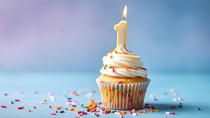 Delicious cupcake with a candle representing a first birthday celebration and joy.   