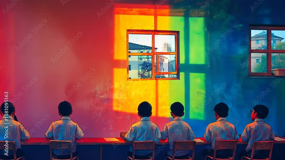 Poster students engaged in learning in a colorful classroom environment generative ai