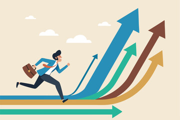 Career decision, choosing direction choices for future opportunity, different path to success, decide or progress options for career growth concept, businessman running to different arrow pathway.