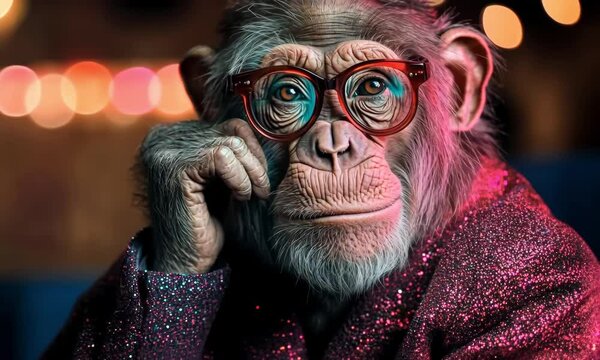 Close-up of a chimpanzee dressed in sparkly clothes and red glasses, striking a thoughtful pose in a colorful, humorous, and imaginative setting.
