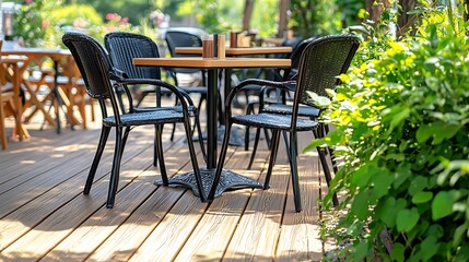 Obraz premium Patio table and chairs set for lunch, in a garden setting, with guests arriving in the background