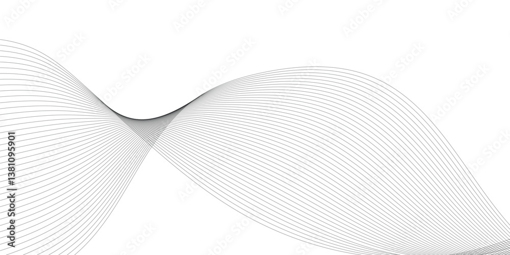Poster Thin wavy curve line vector background. Curve wave seamless pattern background. Black and grey wave curve lines motion vector background.