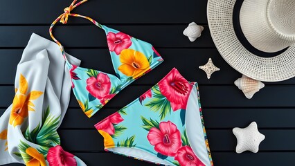 A colorful floral bikini set and sunhat on a dark background, perfect for summer beach vacations and tropical getaways.   