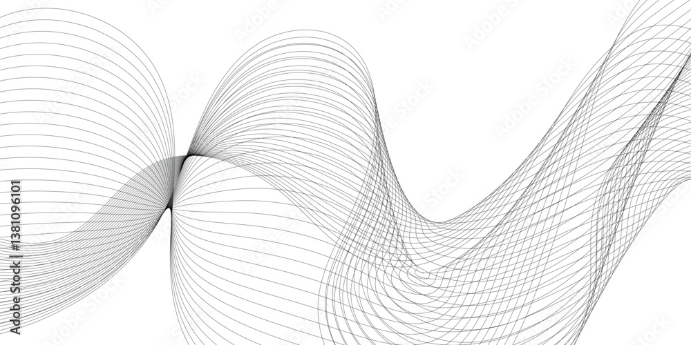 Poster Thin wavy curve line vector background. Curve wave seamless pattern background. Black and grey wave curve lines motion vector background.