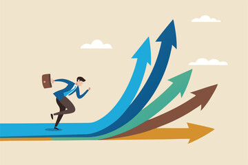 Career decision, choosing direction choices for future opportunity, different path to success, decide or progress options for career growth concept, businessman running to different arrow pathway.