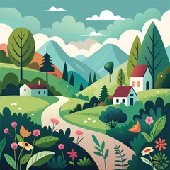 Fototapeta premium Cute Village Artwork with a Winding Path, Small House, and Mountain View
