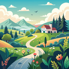 Minimalist Flat Design of a Serene Countryside with Greenery and Cottages