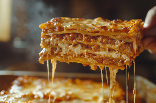 A mouth-watering lasagna being pulled from the oven with cheese oozing out, perfectly creamy and melted on top. 