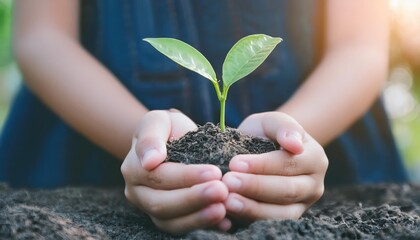 Child holds young green plants in hands while standing on rich soil at nature park promoting plant growth and environmental awareness