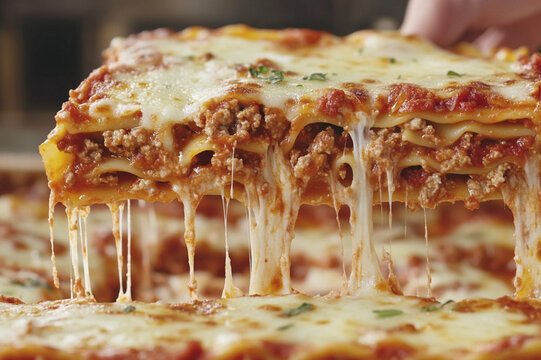 A mouth-watering lasagna being pulled from the oven with cheese oozing out, perfectly creamy and melted on top. 