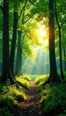 Fototapeta premium Forest scene with sunlight streaming through the trees' leafy canopy, serene, woods