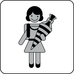 Minimalist pictogram of a smiling schoolgirl with a backpack and a school cone – ideal for themes like first day of school, education, childhood memories, and learning.