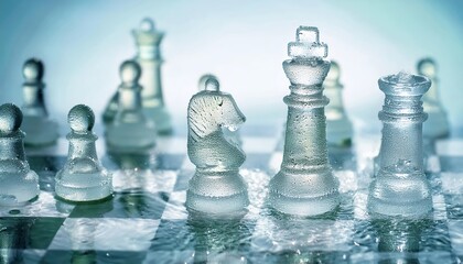 Water chess pieces created with a translucent design showcase the beauty of strategy on an artistic board with rippling reflections