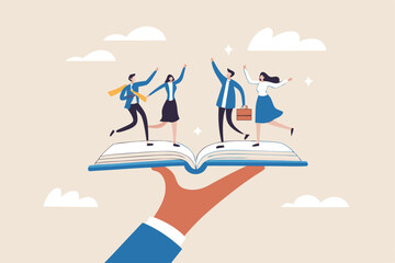 Employee handbook, manual for onboarding new staff, procedure or rule for welcome new hire to know company, business manual for success concept, businessman hand holding handbook with new employees.