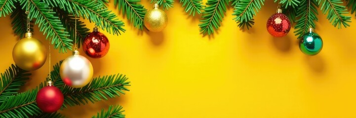 Green Christmas tree branches with colorful ornaments hanging from them on yellow background, plant accents, green trees
