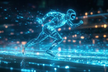 Digital sprinter racing through a futuristic landscape with glowing trails
