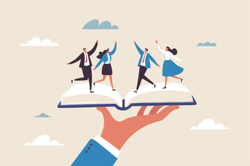 Employee handbook, manual for onboarding new staff, procedure or rule for welcome new hire to know company, business manual for success concept, businessman hand holding handbook with new employees.