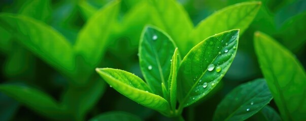 Green foliage with tiny droplets of dew on the leaves, botany, agriculture