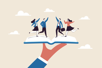 Employee handbook, manual for onboarding new staff, procedure or rule for welcome new hire to know company, business manual for success concept, businessman hand holding handbook with new employees.