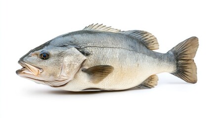Atlantic Red Drum fish with slight perspective tilt, realistic textures, isolated on a plain white background