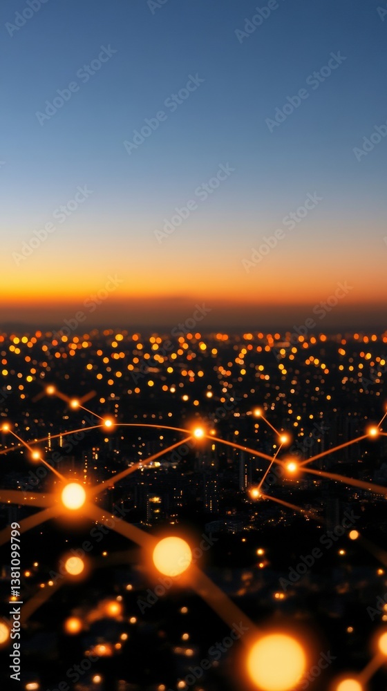 Poster Hyperconnected Urban Nexus Futuristic IoT Network Visualization Illuminating Smart City Infrastructure at Twilight Horizon - Digital Transformation Breakthrough