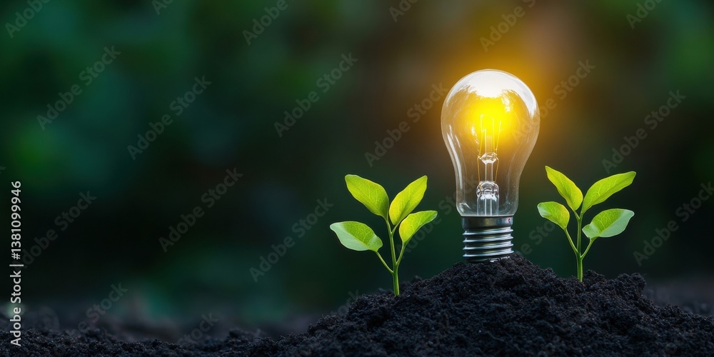 Poster next-gen green innovation luminescent eco-tech light bulb sprouting sustainable growth - transformat