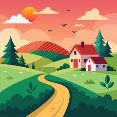 Fototapeta premium Idyllic Village Scenery with a Cottage, Greenery, and a Tranquil Atmosphere