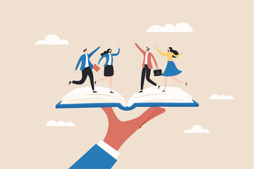 Employee handbook, manual for onboarding new staff, procedure or rule for welcome new hire to know company, business manual for success concept, businessman hand holding handbook with new employees.