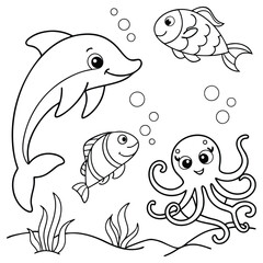 Drawing of various sea creatures coloring pages line art