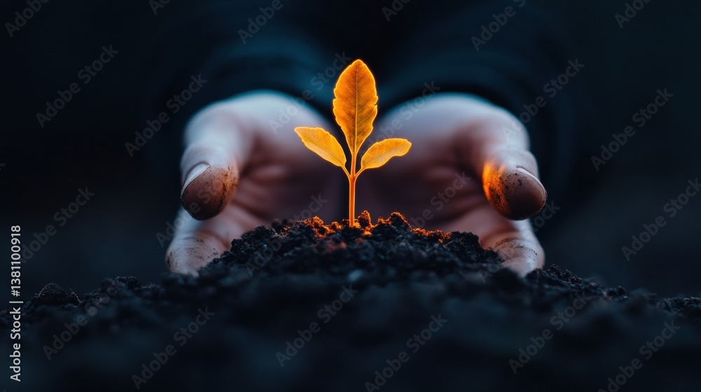 Aufkleber regenerative innovation glowing eco-tech seedling emerging from nurturing hands - sustainable future