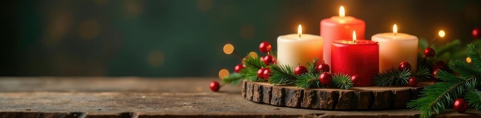 Handmade Adventskranz decoration on wooden candle holder, handmade craft, seasonal decor