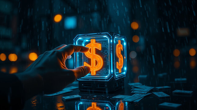 Hand reaching for glowing dollar sign cube in rain, symbolizing finance and investment opportunities, with scattered money around