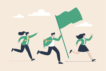 Leader determination to lead team to success, motivation to win together, direction forward for future success, victory or triumph concept, businessman leader holding winner flag leading to success.